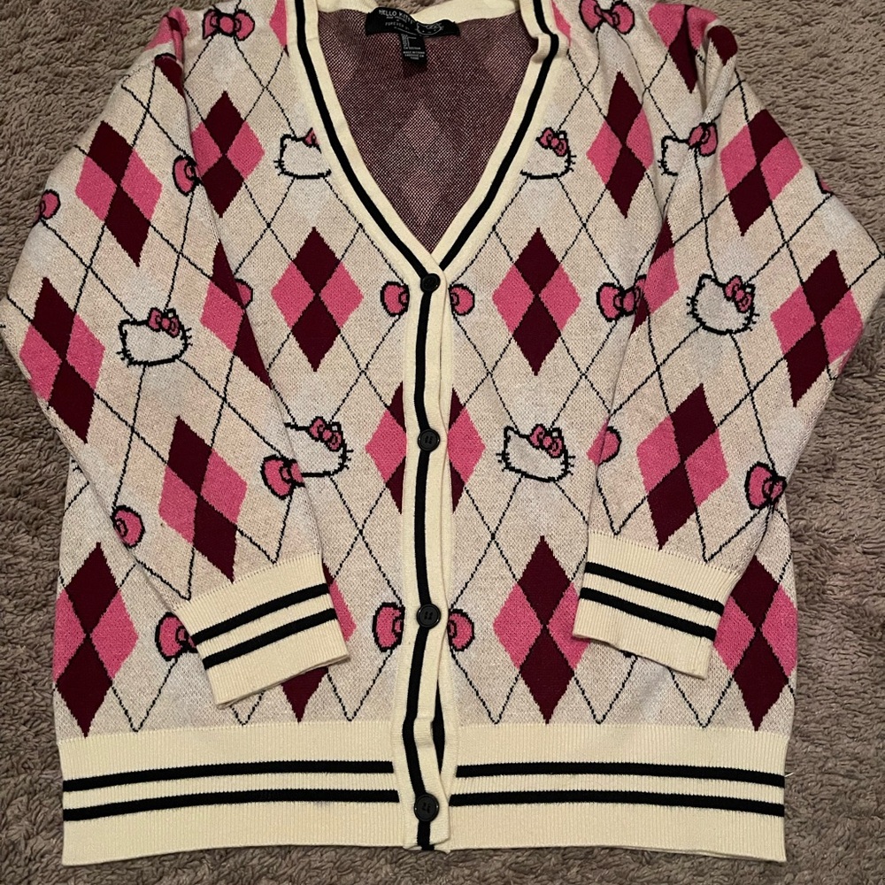 Hello Kitty Argyle Patterned Sweater - Pink And B… - image 1